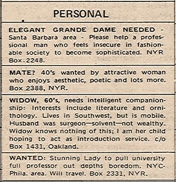 The Personals section from the December 18, 1969 issue of The New York Review